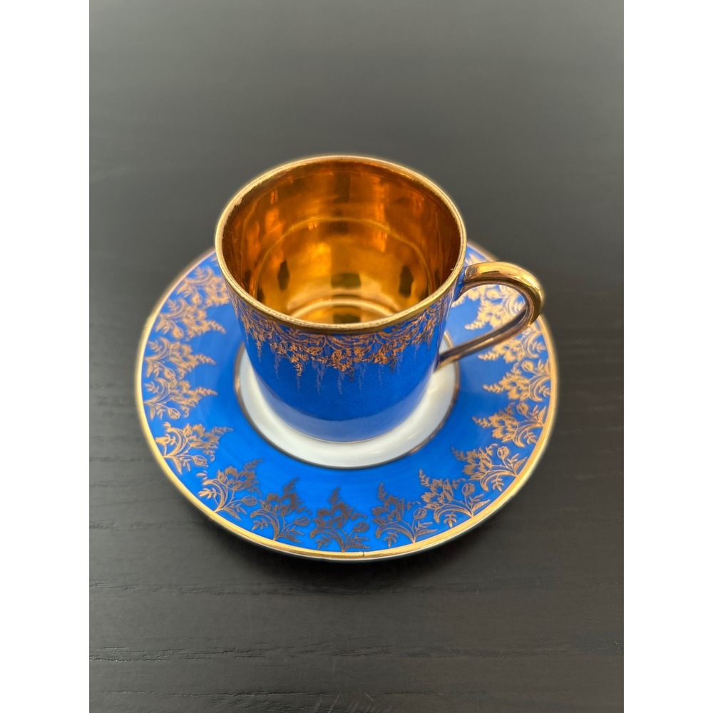 Limoges France Cobalt Blue Gold Gilt Demitasse Cup Saucer Set Espresso Porcelain